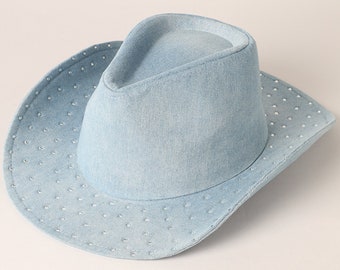 Cubic Embellished Denim Cowboy Hat, Stylish Outdoor Hat for UV Protection and Casual-Looking Fashion, Summer Hat, Safari Hat, Fedora Hat