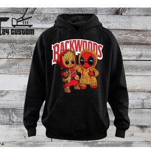 Groot and Deadpool, backwoods hoodies, with your name/Text/photo at the back for free, Backwoods Sweatshirt, personalized HOODIE