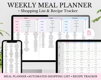 Meal Planner and Shopping List Google Sheet Spreadsheet, Recipe Tracker, Automatic Shopping List, Automated Grocery List, With MRR and PLR