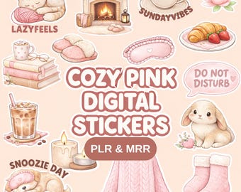 PLR Digitale Aufkleber Bundle | MRR Digital Produkte | 22 gemütliche rosa Aufkleber | Master Weiterverkaufsrechte | Faules Mädchen Clipart | Sozialen Medien