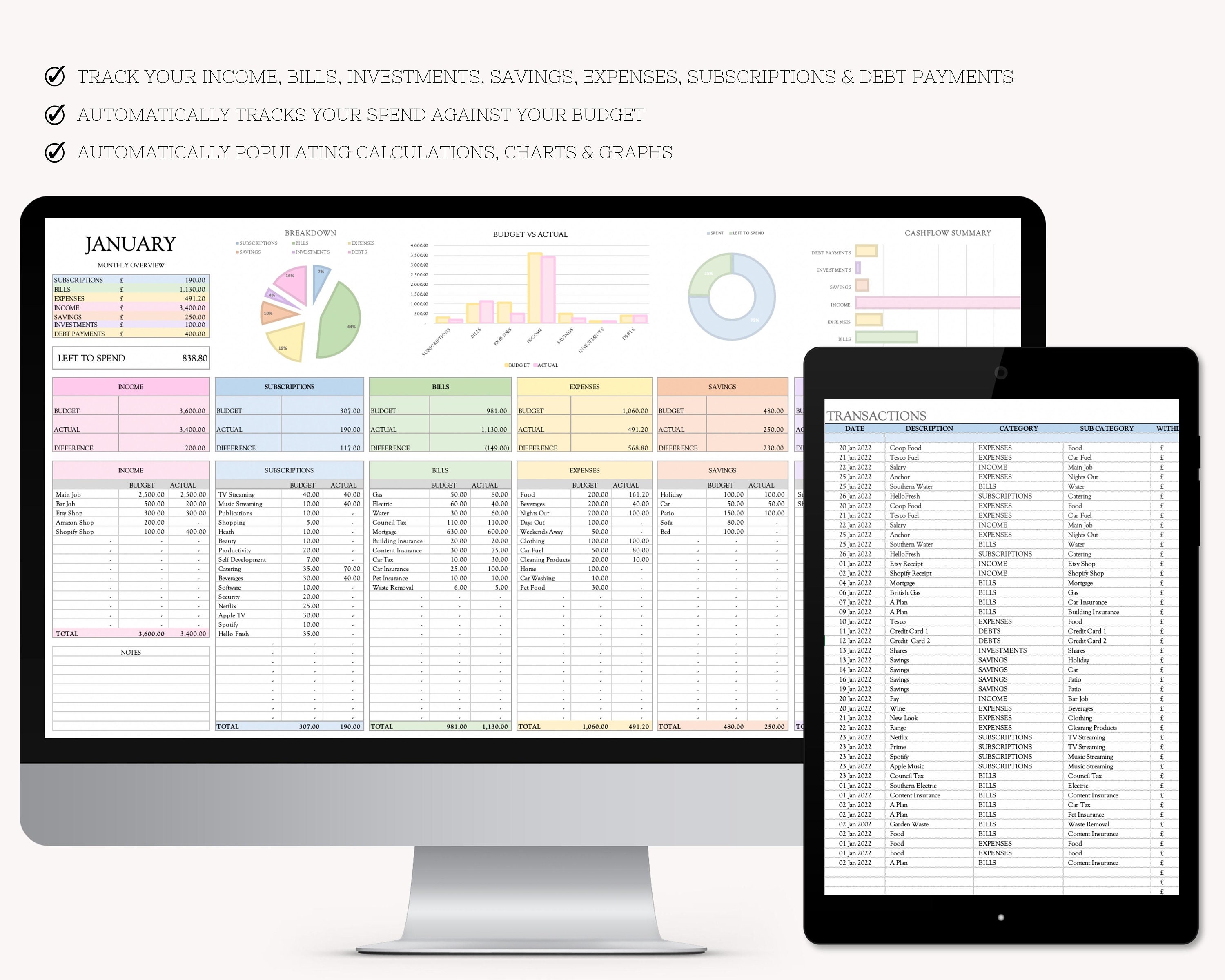 Monthly Budget Spreadsheet Expense and Budget Tracker Simple Etsy