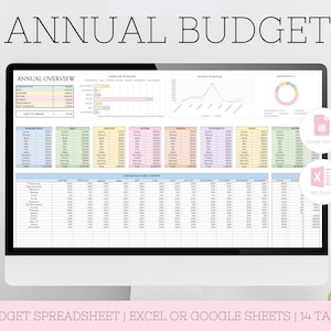 Op de afbeelding: Een computerscherm dat een kleurrijke spreadsheet weergeeft met de titel "Jaarbudget". De spreadsheet bevat tabbladen voor "Jaaroverzicht", "Kasstroomoverzicht", "Budget vs. Actueel", "Breakdown %" en "Jaaroverzicht van abonnementen". De spreadsheet is beschikbaar in zowel Google Sheets als MS Excel-formaten.