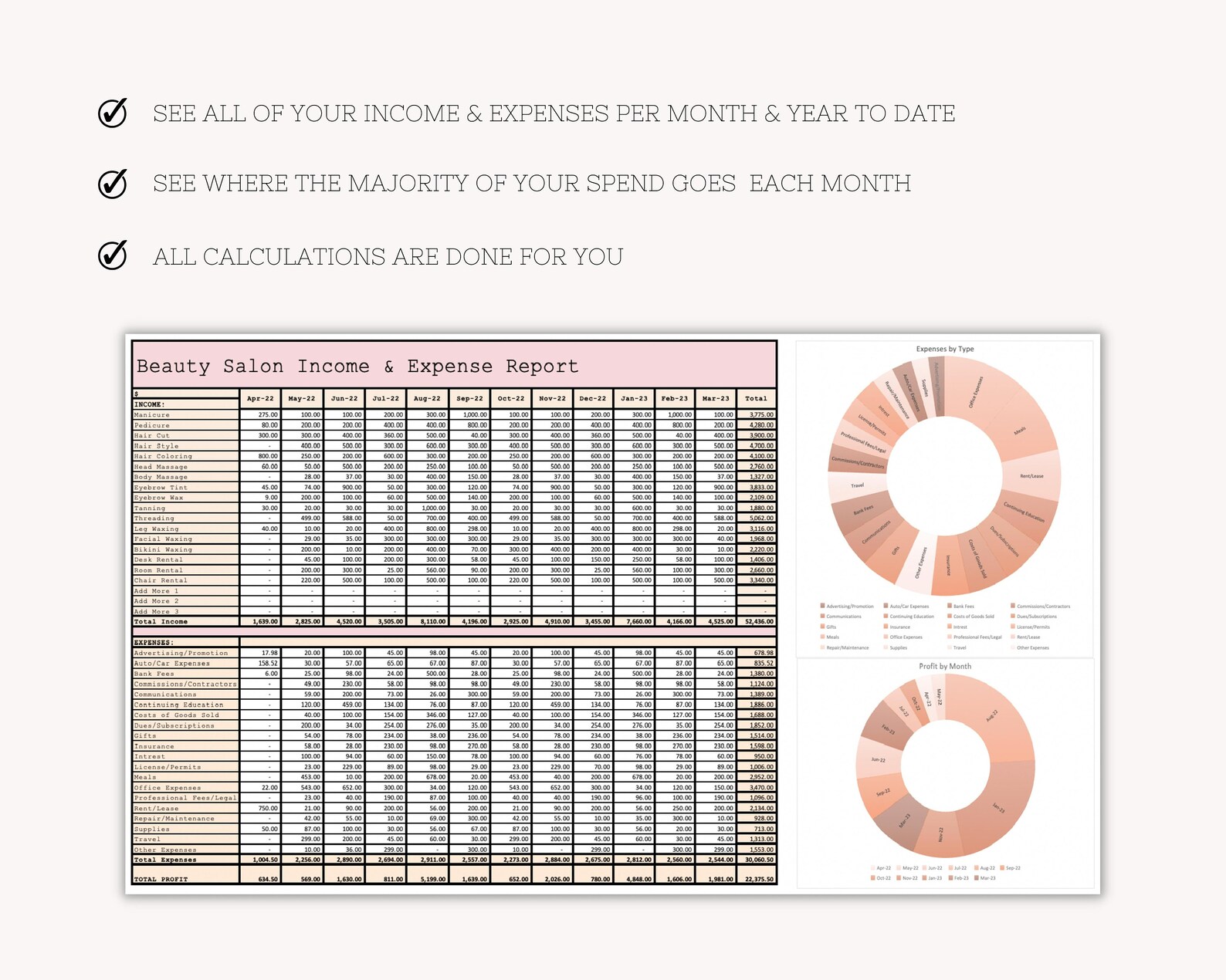 Beauty Business and Expenses Bookkeeping Spreadsheet, Excel