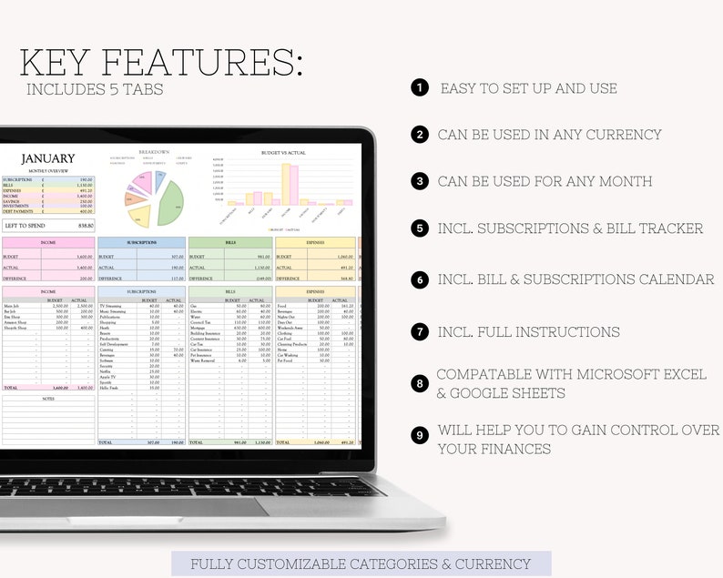 May include: A laptop computer displaying a spreadsheet with a colorful pie chart and bar graph. The spreadsheet is titled "JANUARY" and includes categories for income, expenses, subscriptions, and bills. The text "KEY FEATURES: INCLUDES 5 TABS" is displayed above the laptop. The text "FULLY CUSTOMIZABLE CATEGORIES & CURRENCY" is displayed below the laptop.  The image also includes a list of nine key features of the spreadsheet, including "Easy to set up and use", "Can be used in any currency", and "Compatible with Microsoft Excel & Google Sheets".