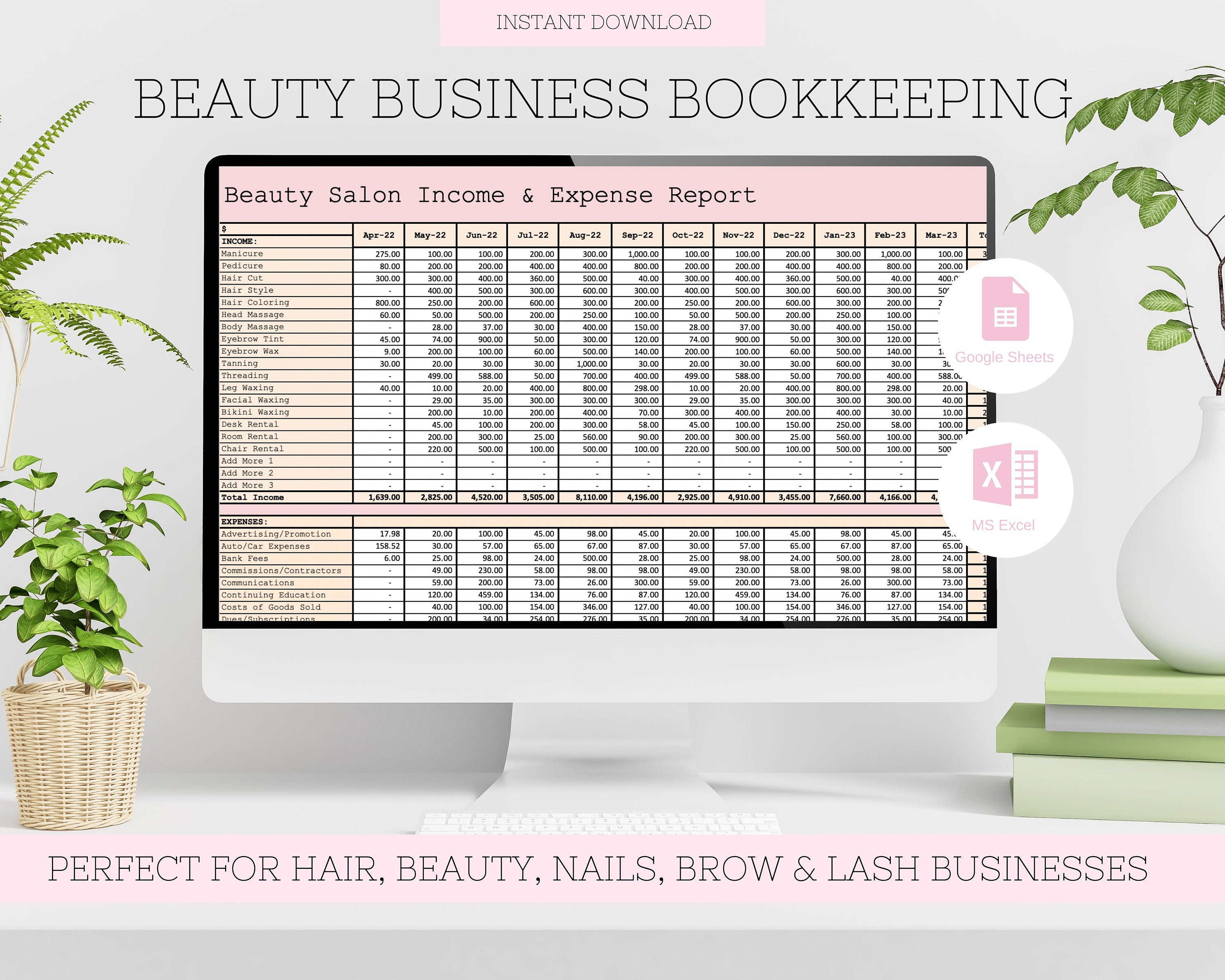 Beauty Business and Expenses Bookkeeping Spreadsheet, Excel