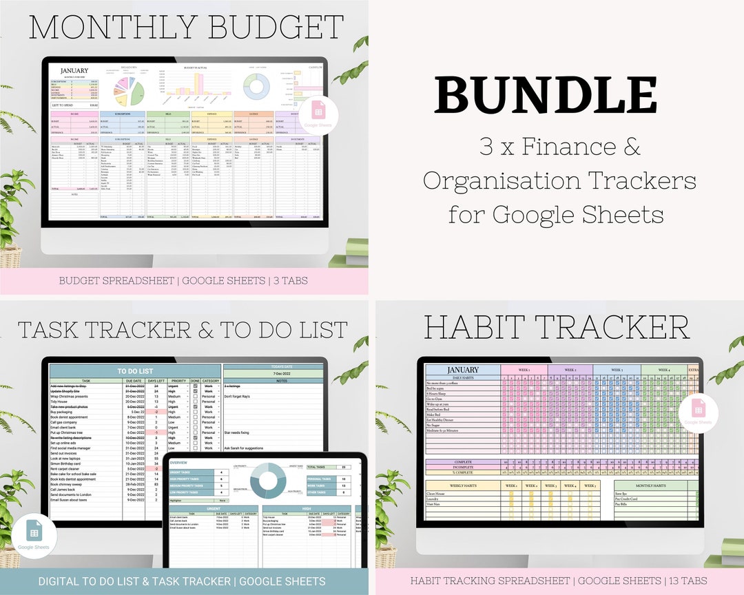 Organisation Bundle, Monthly Budget Spreadsheet, Habit Tracker, Digital