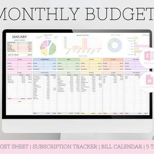 May include: A computer screen displaying a monthly budget spreadsheet with tabs for budget, subscriptions, and bills. The spreadsheet is designed in a pastel colour scheme with pink, blue, and green accents. The spreadsheet is labelled "Monthly Budget+" and includes a calendar for January. The spreadsheet is compatible with both Microsoft Excel and Google Sheets.