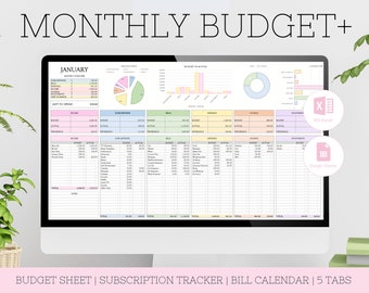 Monthly Budget Spreadsheet and Finance Bundle Inc Expense and Budget Trackers, Subscription Tracker & Bill Calendar, Paycheck with MRR PLR