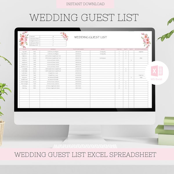 Wedding Guest List Excel Spreadsheet, Pink Wedding Guest Planner, Wedding RSVP Tracker, Wedding Planning, Wedding Organiser Spreadsheet