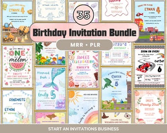 Digitale Geburtstagseinladungen Bundle | PLR & MRR Digitales Produkt | 35 Canva Vorlagen für Print on Demand und Digitales Marketing