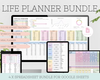 Life Planner Bundle for Google Sheet, Budget Spreadsheet, Workout Tracker and Meal Planner with Automated Grocery List, with MRR and PLR