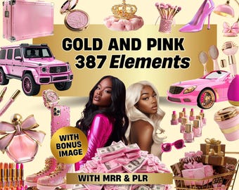 Luxus Rosa und Gold Elements Bundle | PLR und MRR Digitales Produkt | Ästhetische Clipart & Digitale Aufkleber | Canva Content Kit