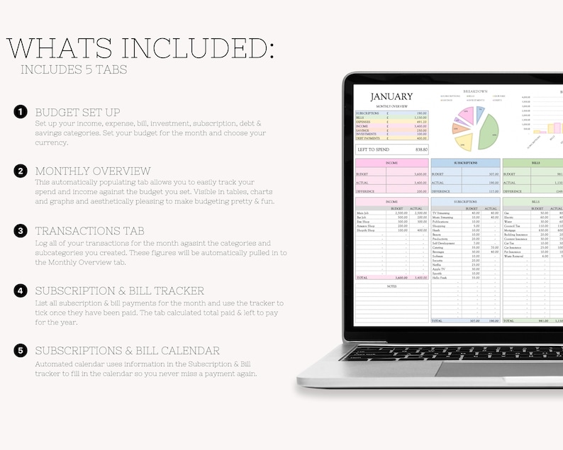 May include: A laptop computer displaying a spreadsheet with a January budget planner. The spreadsheet includes tabs for budget set up, monthly overview, transactions, subscription and bill tracker, and subscriptions and bill calendar.
