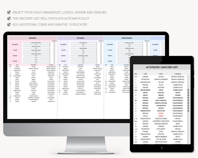 Meal Planner and Shopping List Google Sheet Spreadsheet Etsy