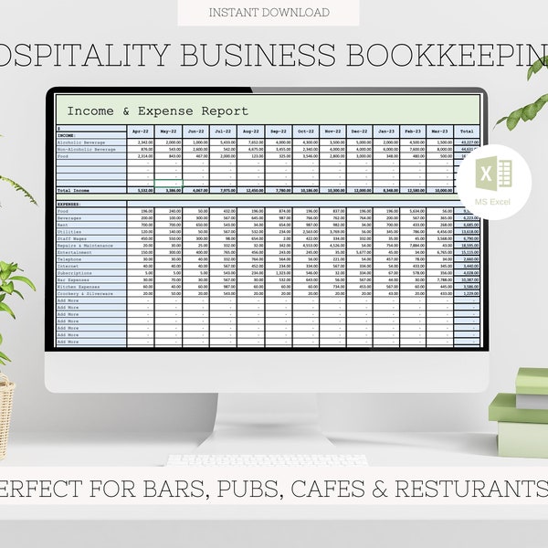 Hospitality Business Income and Expenses Bookkeeping Spreadsheet, Restaurant, Cafe, Bar & Pub Expense Tracker Spreadsheet for Hospitality