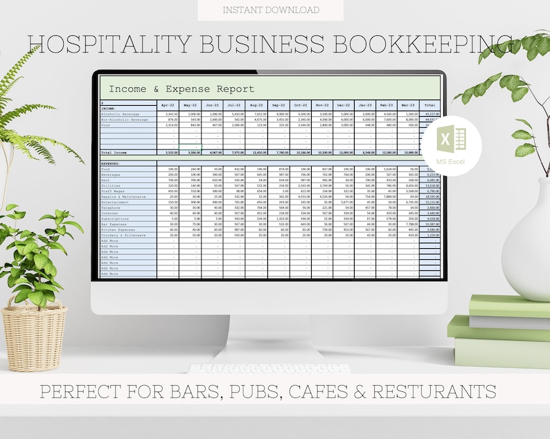 Hospitality Business and Expenses Bookkeeping Spreadsheet