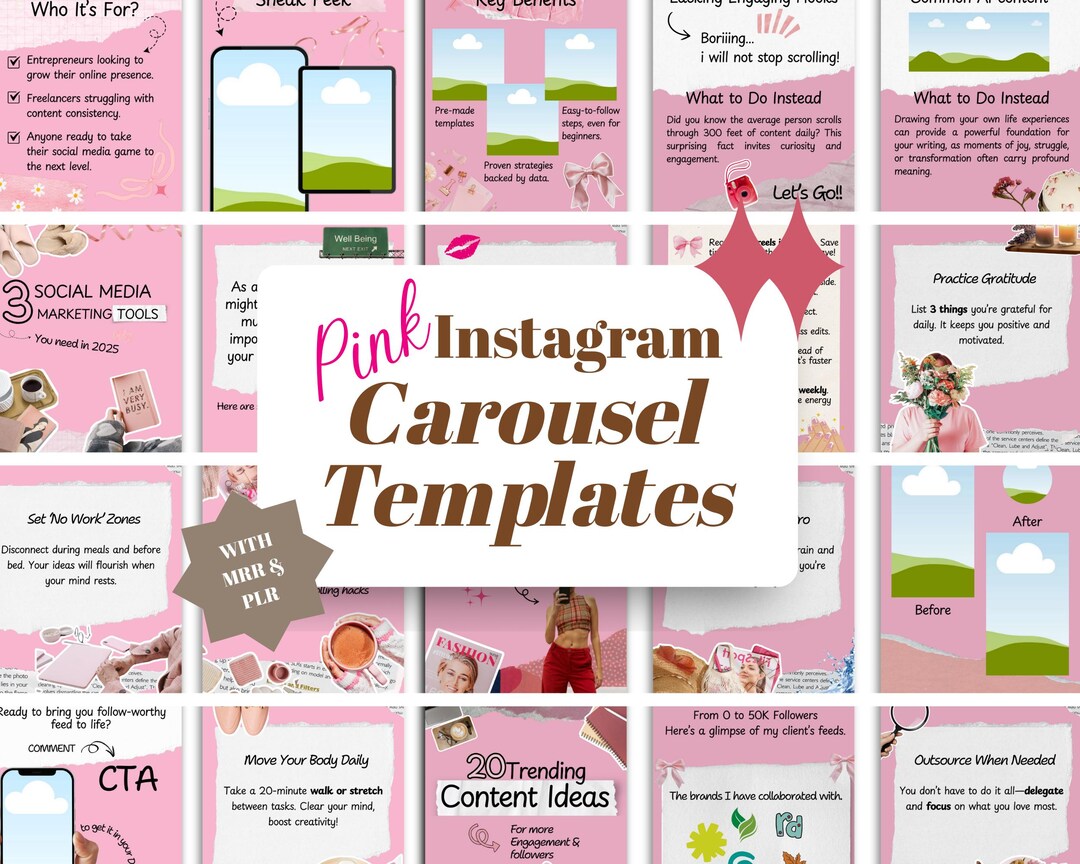 100 Pink Instagram Carousel Templates | Editable Canva Templates | PLR ...