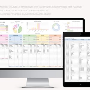 May include: A computer screen displaying a budget spreadsheet with charts and graphs. The spreadsheet includes categories for income, bills, savings, investments, expenses, subscriptions, and debt payments. A tablet screen displays a list of transactions with dates, descriptions, categories, and notes.