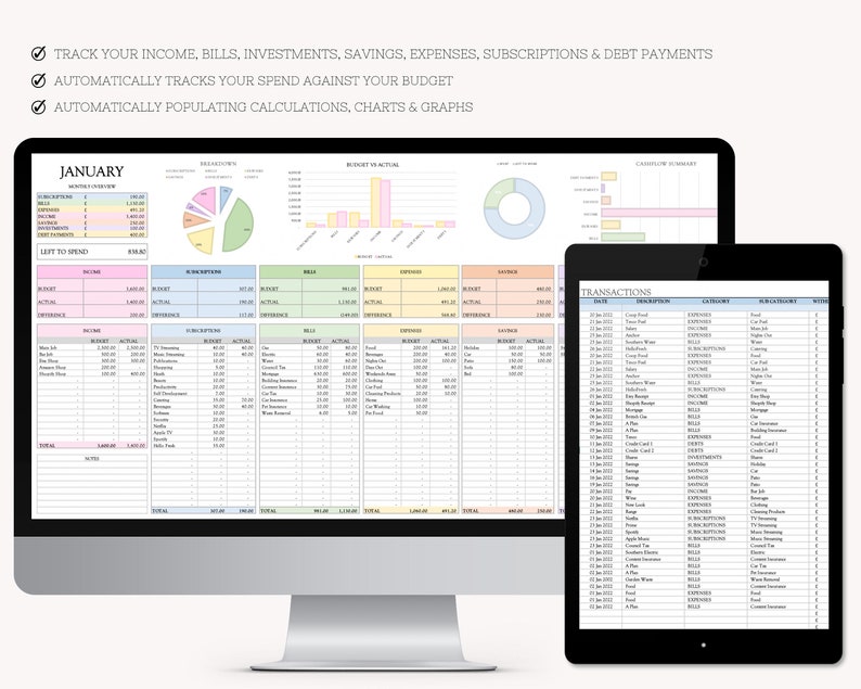 May include: A computer screen displaying a budget spreadsheet with charts and graphs. The spreadsheet includes categories for income, bills, savings, investments, expenses, subscriptions, and debt payments. A tablet screen displays a list of transactions with dates, descriptions, categories, and notes.