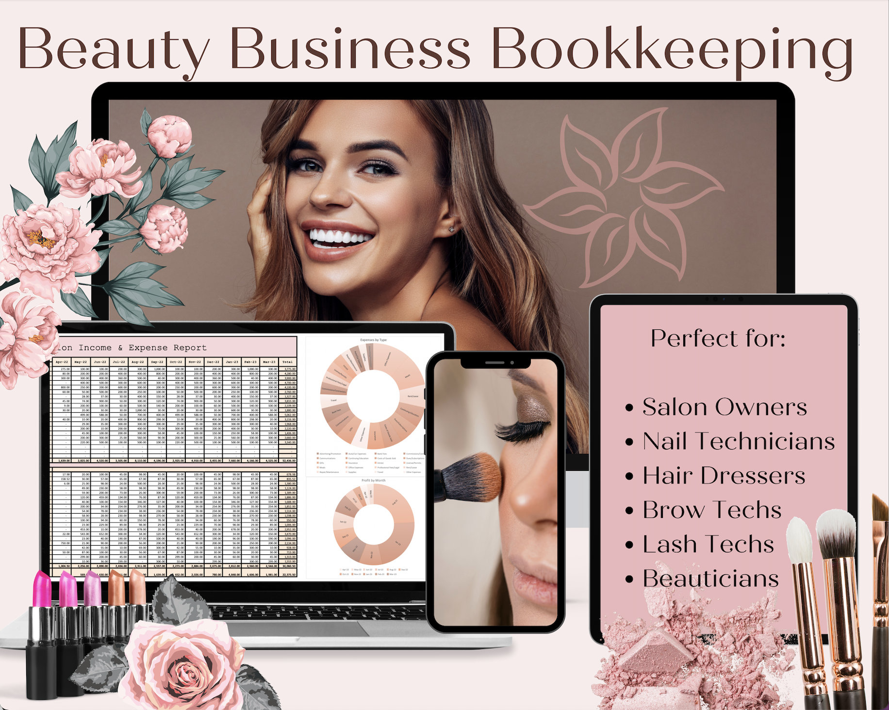 Beauty Business and Expenses Bookkeeping Spreadsheet, Excel