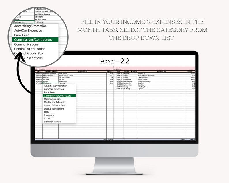Beauty Business and Expenses Bookkeeping Spreadsheet, Excel