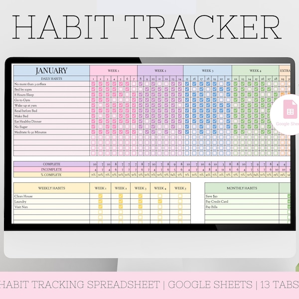 Habit Tracker, Google Sheets Habit Spreadsheet, Tägliches, Wöchentliches, Monatliches und Jährliches Habit Goal Log und Tracker, Januar - Dezember Tracker