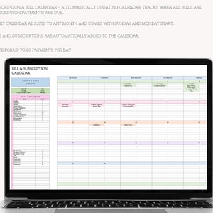 May include: A laptop computer displaying a printable bill and subscription calendar. The calendar is designed to track payments and includes a section for listing bills and subscriptions with their due dates. The calendar is set up with a Monday start and includes space for up to 20 payments per day.