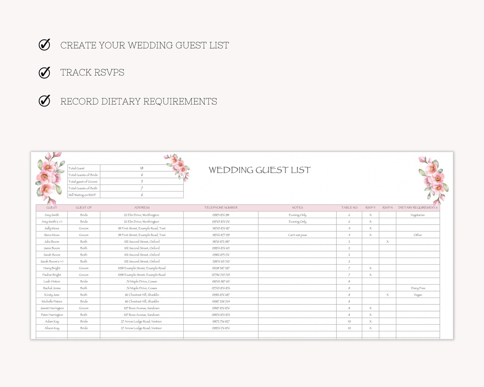 Wedding Guest List Excel Spreadsheet Pink Wedding Guest - Etsy