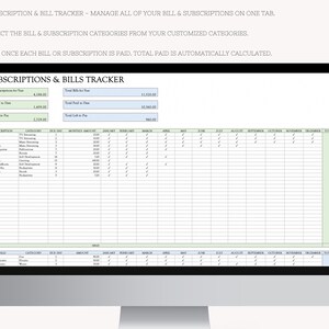 May include: A computer screen displaying a subscription and bill tracker spreadsheet. The spreadsheet has columns for subscription name, category, due date, monthly amount, and monthly payments for each month of the year. The spreadsheet also includes a section for bills with similar columns. The spreadsheet is titled "Subscriptions & Bills Tracker".