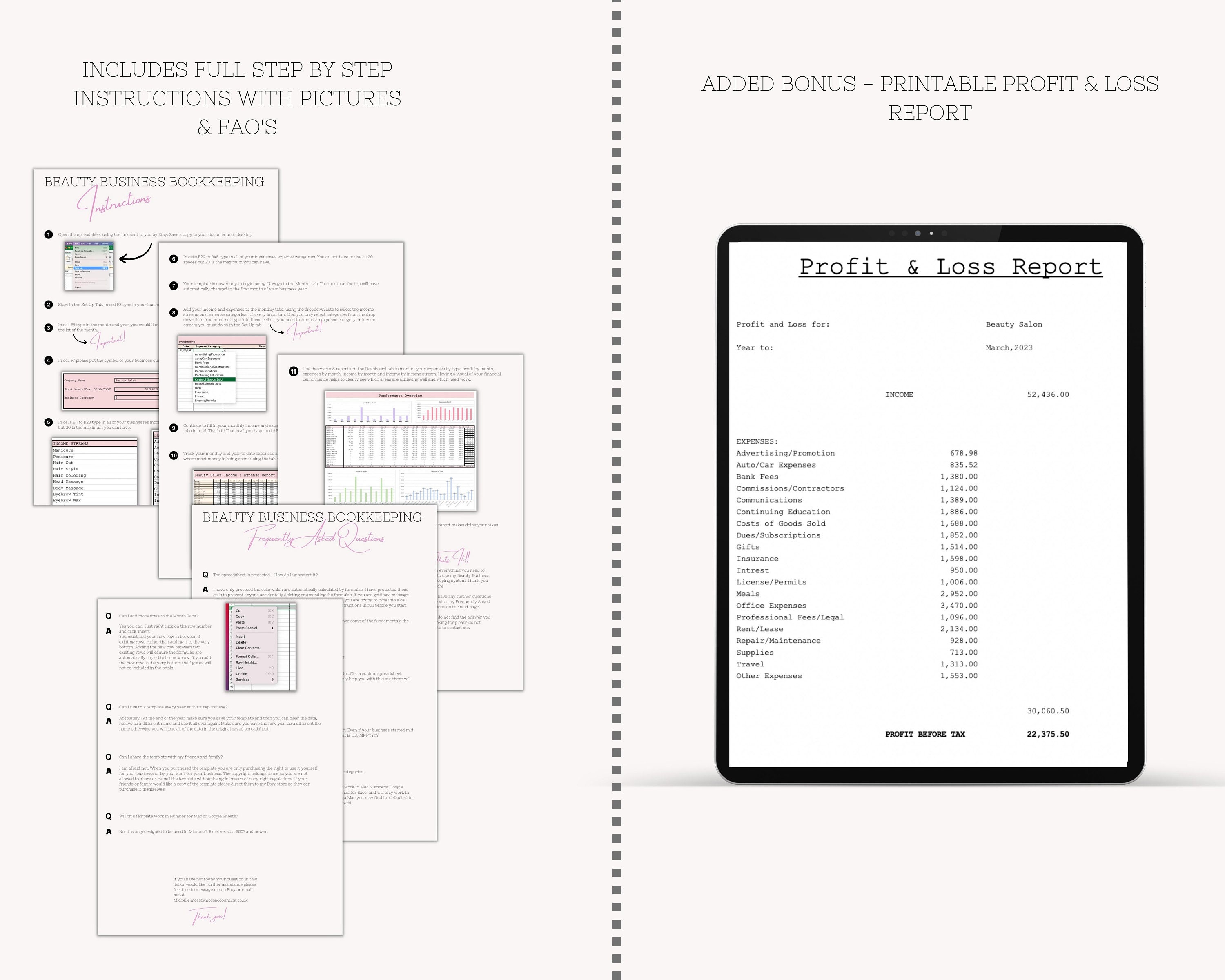 Beauty Business and Expenses Bookkeeping Spreadsheet, Excel