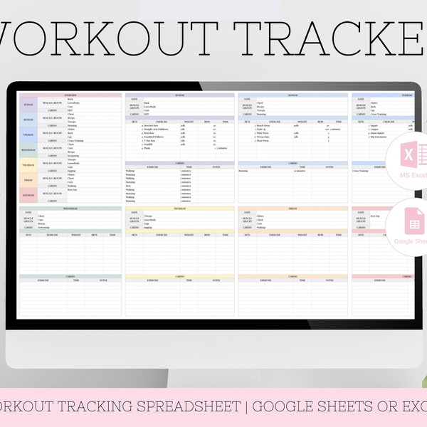 Workout Tracker, Fitness Tracker, Workout Planner Spreadsheet, Fitness Planner Google sheets and Excel Spreadsheet, Productivity Planners