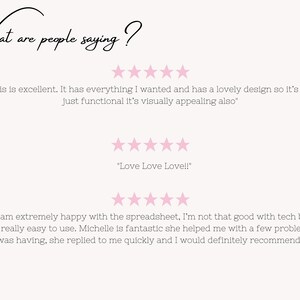 Puede incluir: Cinco estrellas de calificaci&oacute;n para un producto de hoja de c&aacute;lculo. La primera rese&ntilde;a dice: "Esto es excelente. Tiene todo lo que quer&iacute;a y tiene un dise&ntilde;o encantador, por lo que no solo es funcional, sino que tambi&eacute;n es visualmente atractivo." La segunda rese&ntilde;a dice: "&iexcl;Me encanta, me encanta, me encanta!" La tercera rese&ntilde;a dice: "Estoy extremadamente contento con la hoja de c&aacute;lculo, no soy muy bueno con la tecnolog&iacute;a, pero es realmente f&aacute;cil de usar. Michelle es fant&aacute;stica, me ayud&oacute; con algunos problemas que ten&iacute;a, respondi&oacute; r&aacute;pidamente y la recomendar&iacute;a sin duda."