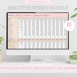 May include: A computer screen displaying a spreadsheet titled "Beauty Salon Income & Expense Report". The spreadsheet is organised by month and includes categories for income and expenses. The spreadsheet is in an Excel format and is labelled "MS Excel".