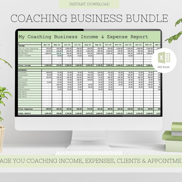 Coaching Business Bundle, Feuille de calcul comptable, Suivi des rendez-vous clients, Base de données d'informations sur les clients, Life Coach Bundle