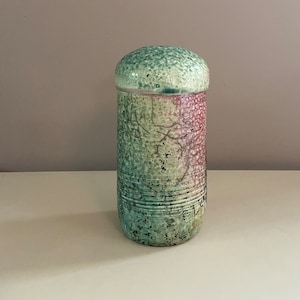 Eclectic Studio Pottery Artist Signed Raku Glaze Large Lidded Jar Canister, Trinket Jar,  Hand-made Earthenware Timothy Flynn Feels of Clay