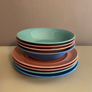 Vintage 80s Heavyweight Colorways Japanese Mix and Match Pastel Multi-Color 8 Piece Dinnerware Set, Plates and Bowls