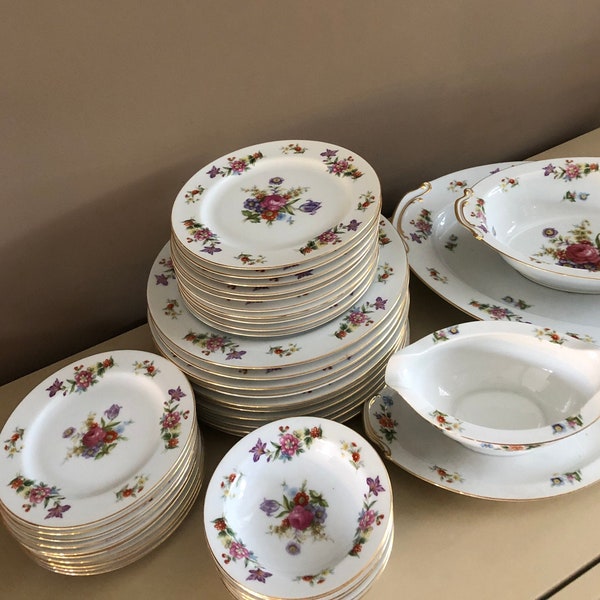 39 Piece - Vintage 50's Aladdin Dresdenia Japan Bold Floral Dinnerware Set Victorian Botanical Garden Gold Rim Peony Rose  Hollywood Regency