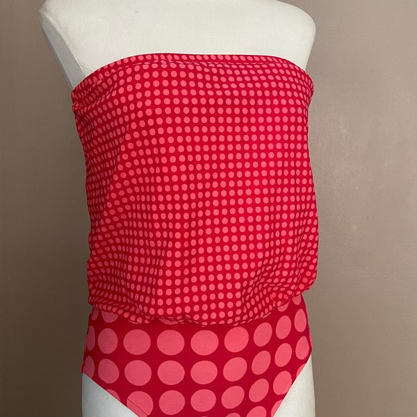 Vintage 1980s Pop Art Polka-Dot Bill Blass Strapless Blouson Swimsuit Size 10 S/M