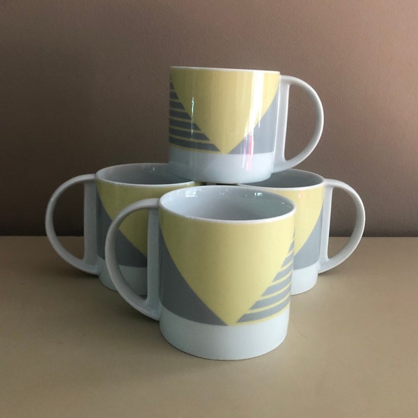 Vintage 80s Postmodern Kenneth Cornet, Studio Nova 10 oz Coffee Mugs, Splendido Yellow Graphic Design Print Mugs, Cups