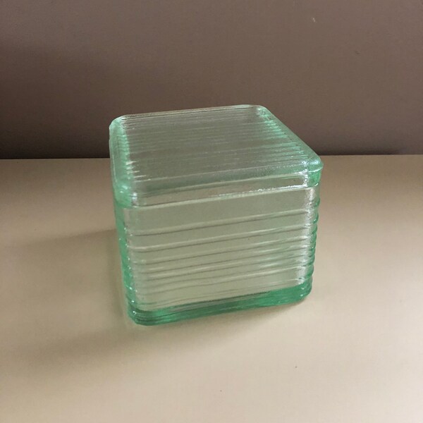 Clear Greenish Striped Square Glass Refrigerator Storage Dish with Lid, Vintage Design, Jar Container Ribbed