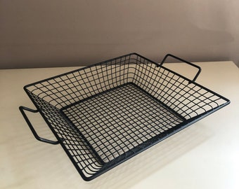 Vintage 50s MCM Midcentury Danish Modern Black Wired Coated Square Metal Basket - Geomtric Modernist Basket  Brutalist