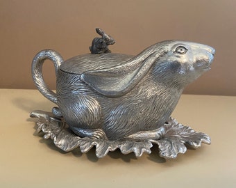 Vintage 80s Arthur Court  Silver Aluminum Bunny Rabbit Teapot with Cabbage Leaf Tray and Matching Teaspoon