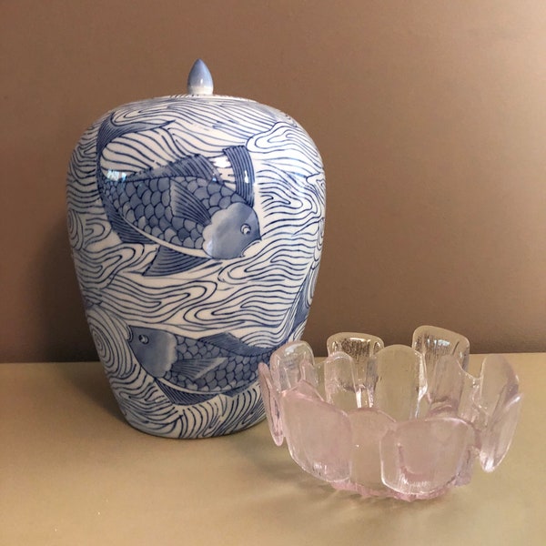 Vintage 80s Chinese XXL 10" Blue and White Koi Fish Chinoiserie Ginger Jar, Decorative Urn Cookie Jar w Lid, Fish in swirls of water