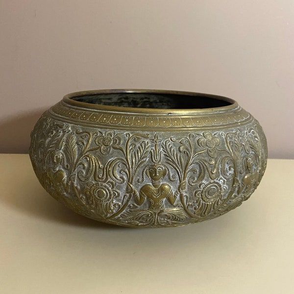 Antique Late 1800's Heavyweight Large Indian Brass Bronze Bowl, Embossed Ornate Decorative Bowl with Figurines, God,Deities, and Flora, 9 lb