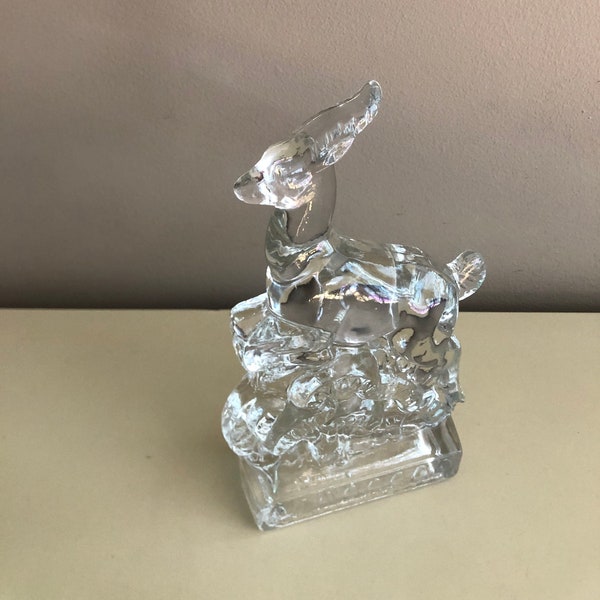 Vintage 70s Midcentury Heavy Clear Glass Young Prancing Antelope jumping over mushrooms Sculpture, Bookend