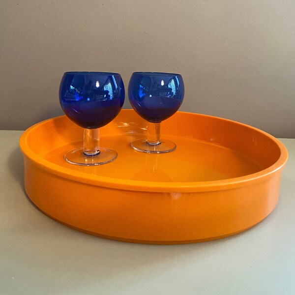 Vintage 70s Dansk Gunnar Cyren Melamine Bright Orange Drink Tray w Lip Retro Large Round Melamine Plastic Serving Tray