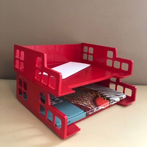 Vintage Retro 70s Bright Red Acrylic Plastic Modular Paper Tray Desk Organizer Shelf Storage By Oxford DecoTray USA 1970s Pop Art Office