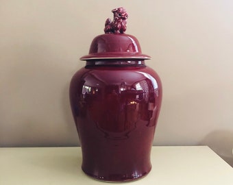 Vintage Chinese XXL 20" Tall Decorative Ginger Jar Canister with Foo Dog Handle