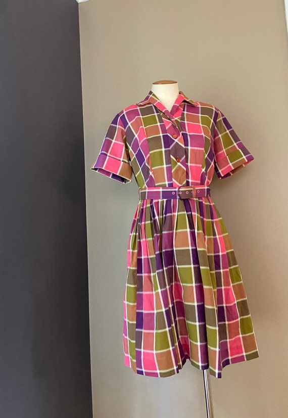 Vintage 60s 70s Bright Plaid Fit and Flare Rockab… - image 2