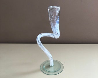 Vintage Minimalist Handblown 10" Tall Floating Spiral Organic Glass Candlestick Holder for Taper Candle Holder, White and Clear Swirl Glass